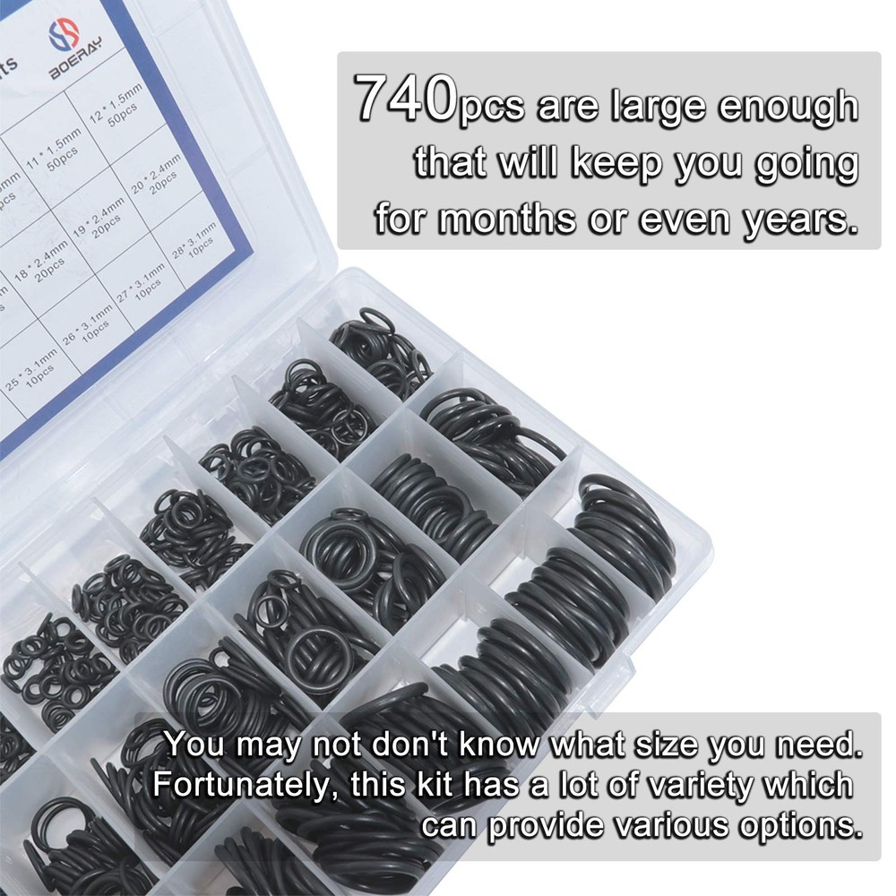 boeray 740pc Universal O Rings Assortment in 24 740pcs Metric with Tools