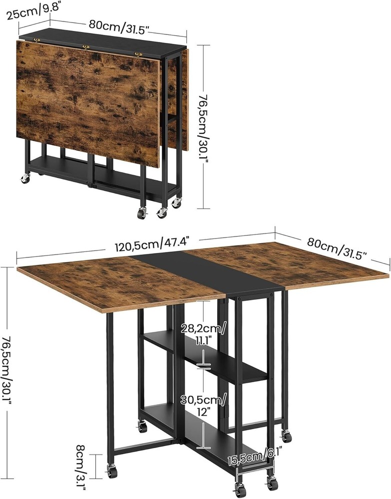 Expandable Dining Table Movable Versatile Kitchen Table with 6 Wheels Rustic Bro