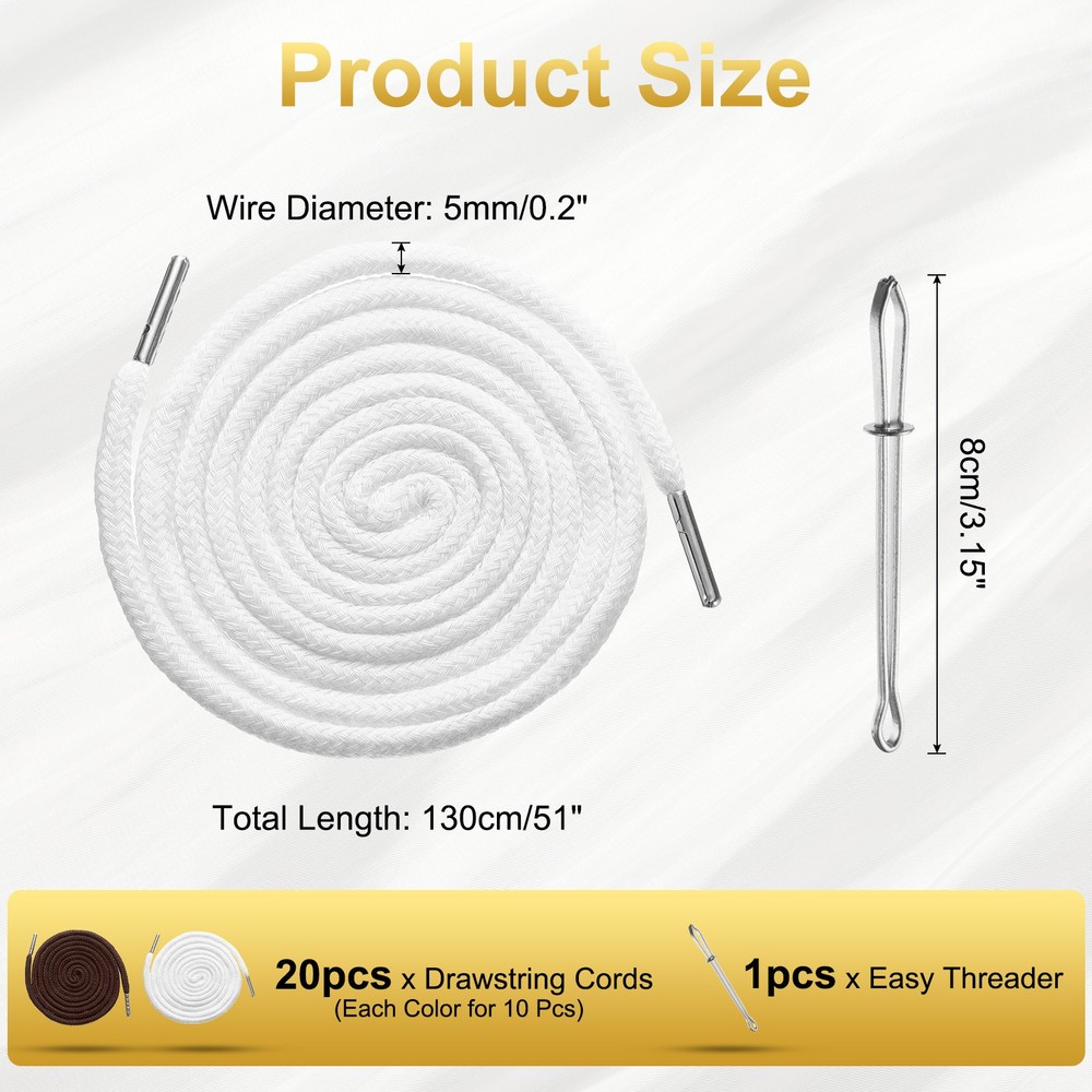 20pcs Drawstring Cords 51" Replacement Drawstring with Threader, White+Coffee