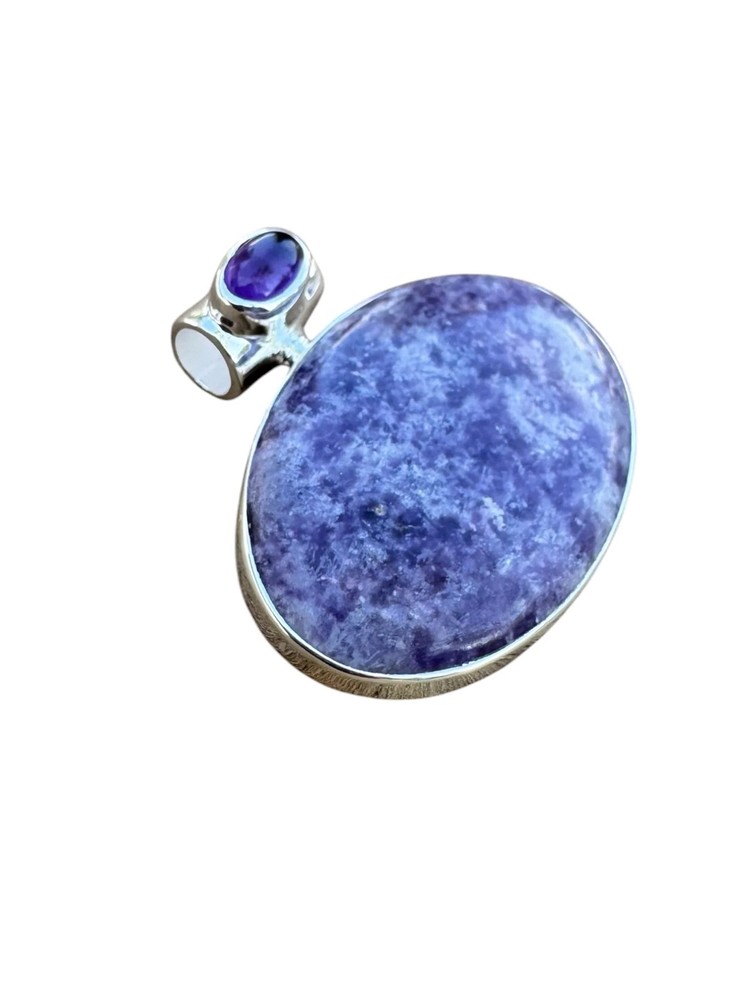 Lepidolite & Amethyst Solid 925 Sterling Silver Pendant