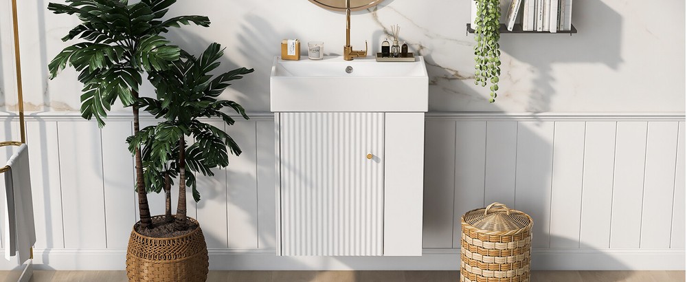 21.6"Wall Mounted Bathroom Vanity W/Ceramic Basin Small Space Right Side Storage
