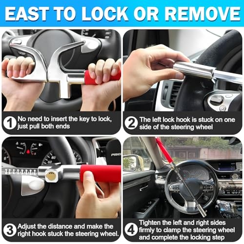 Steering Wheel Lock - Adjustable Antitheft Car Device Locks, Universal Red
