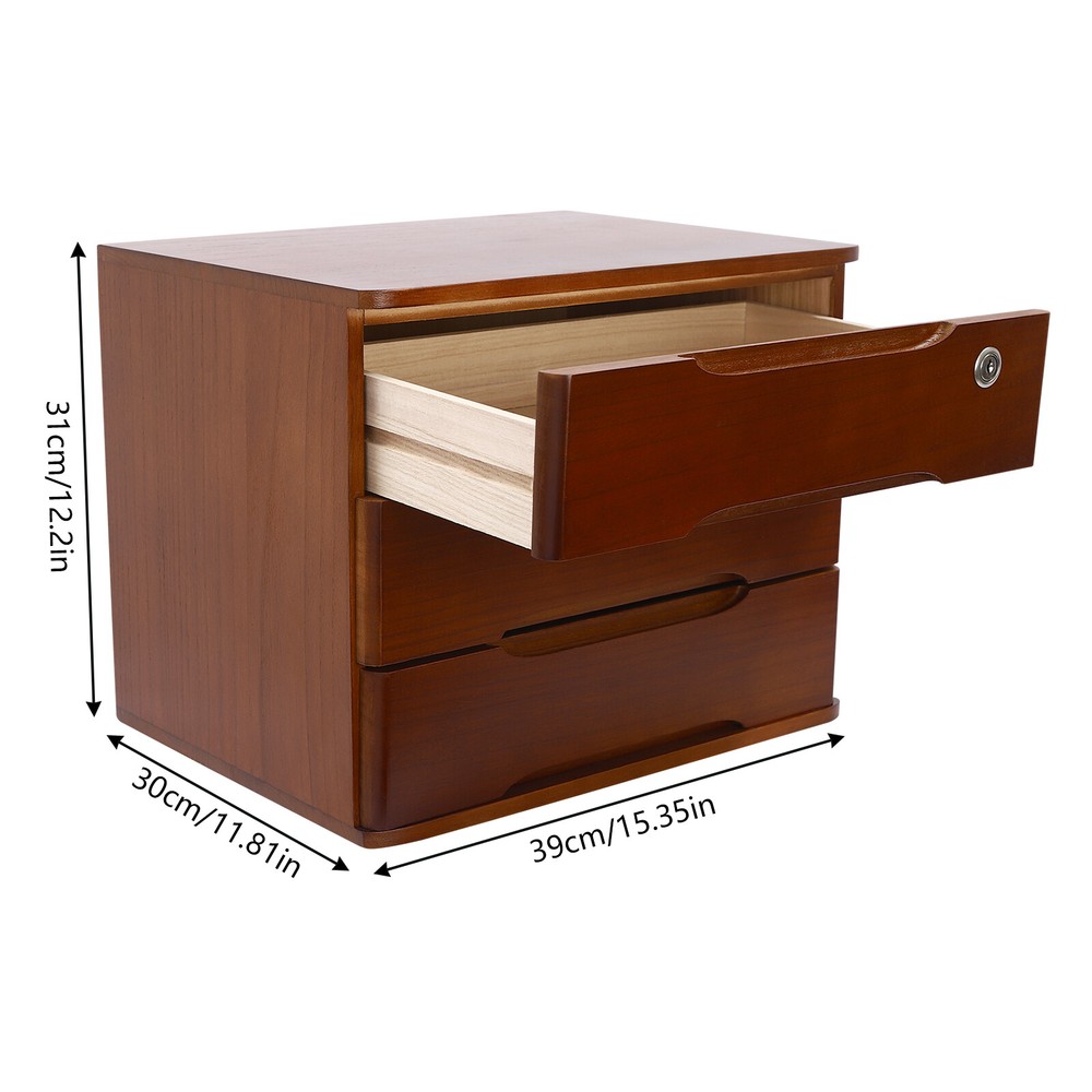 3-Tier File Cabinet Organizer Walnut Desktop Storage Box with Lockable 3 Drawers