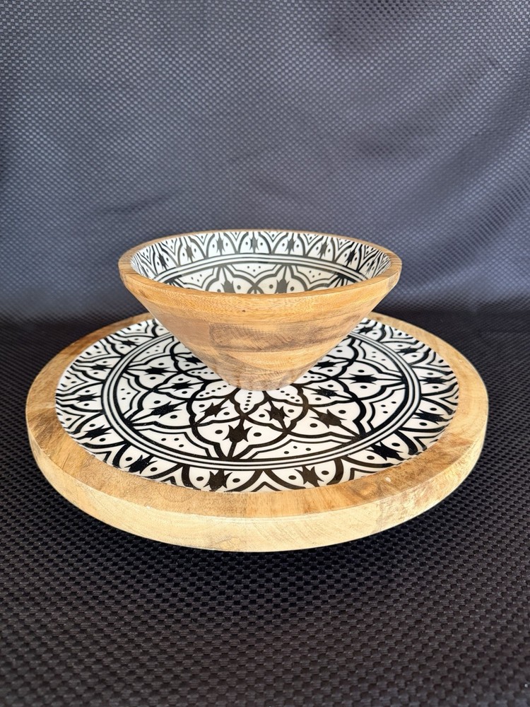 Lazy Susan Turntable Solid Wood With Boho Patterned Inlay And Matching Bowl