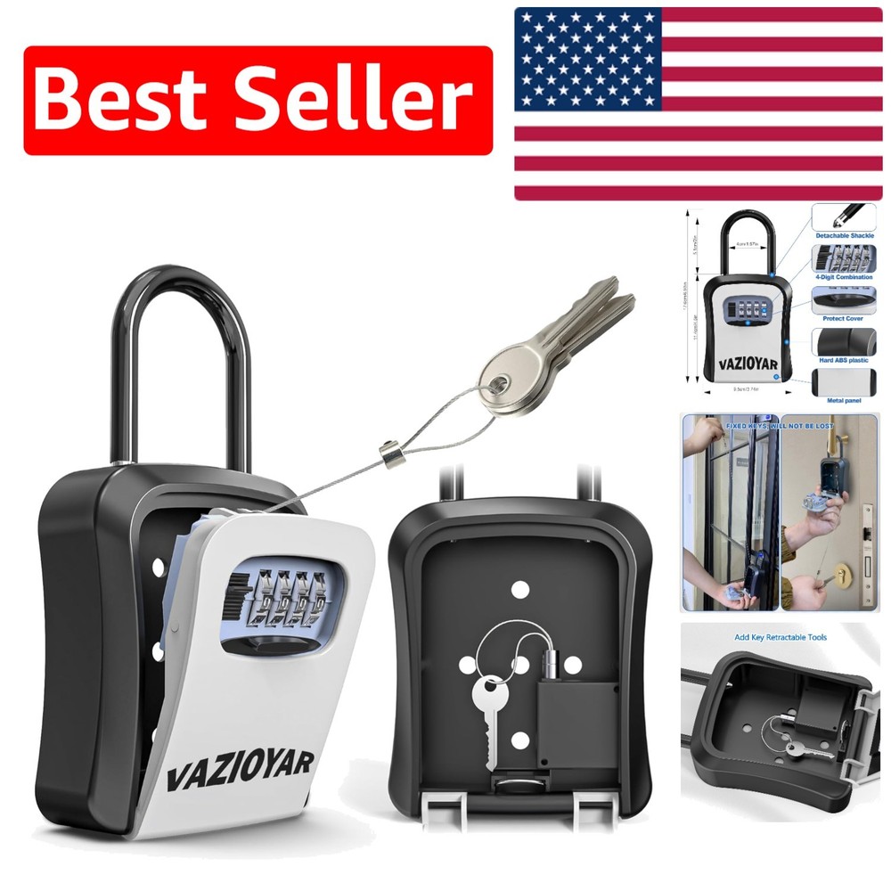 Waterproof Wall-Mounted Key Lock Box with 4-Digit Combo and Retractable Tether