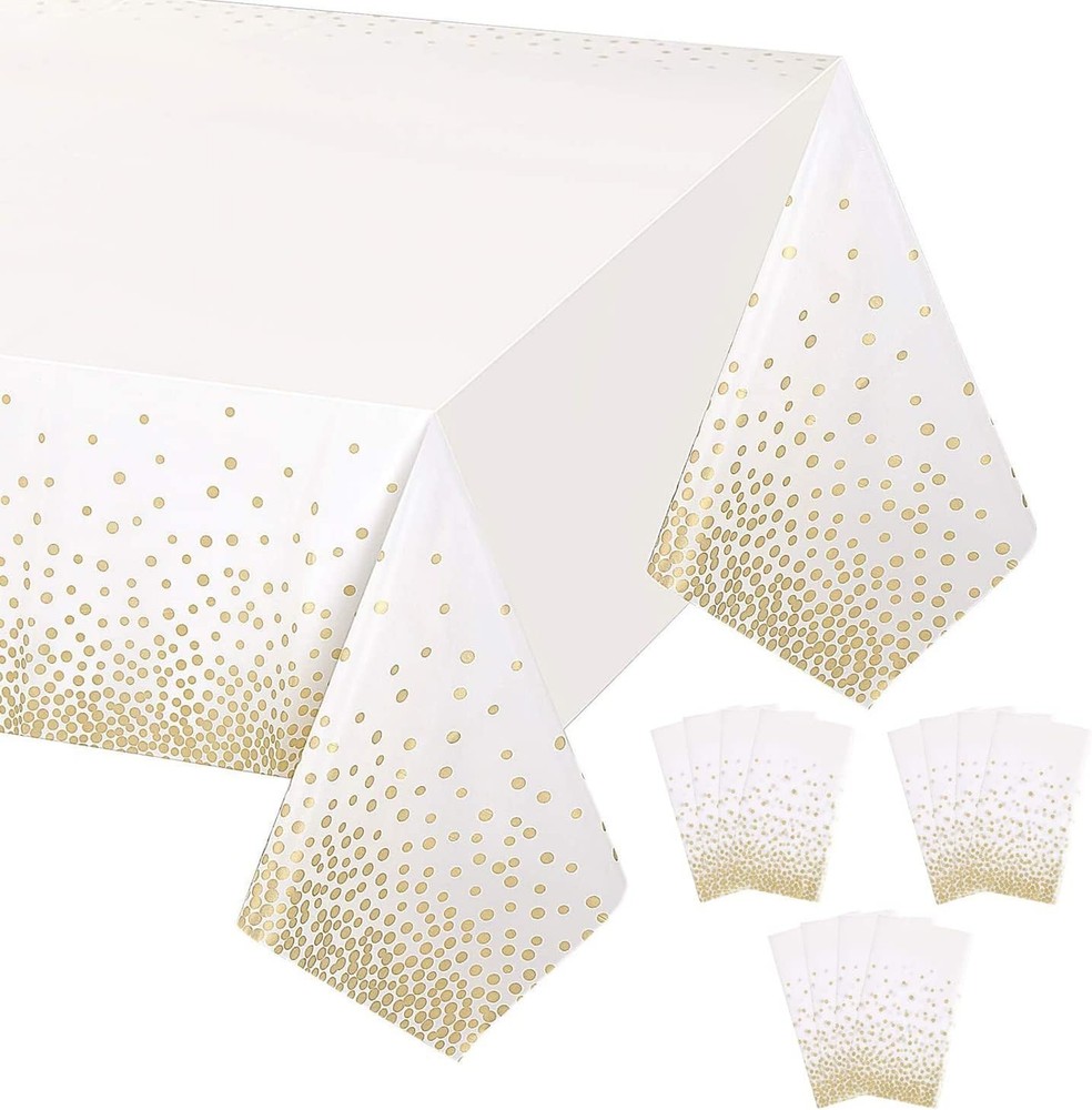 4 Pack White & Gold Dot Plastic Tablecloth Rectangle Tables(54" x 108"