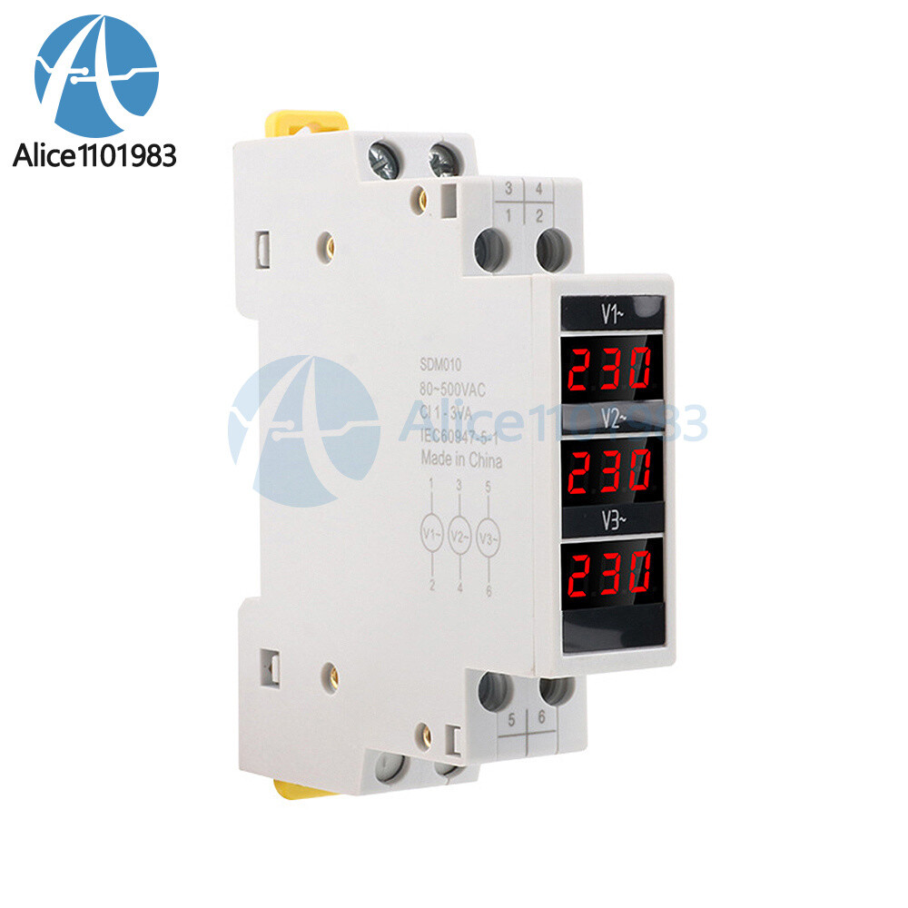 SDM010 Rail Mount Three Phase Voltage Meter AC80-500V Mini Modular Voltmeter LED