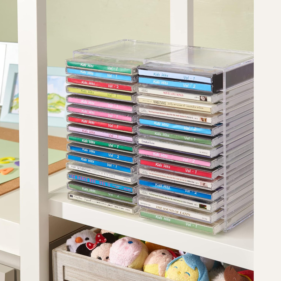 Clear Plastic CD Holder Storage Rack Stacking Tray DVD Disk Case Space Organizer
