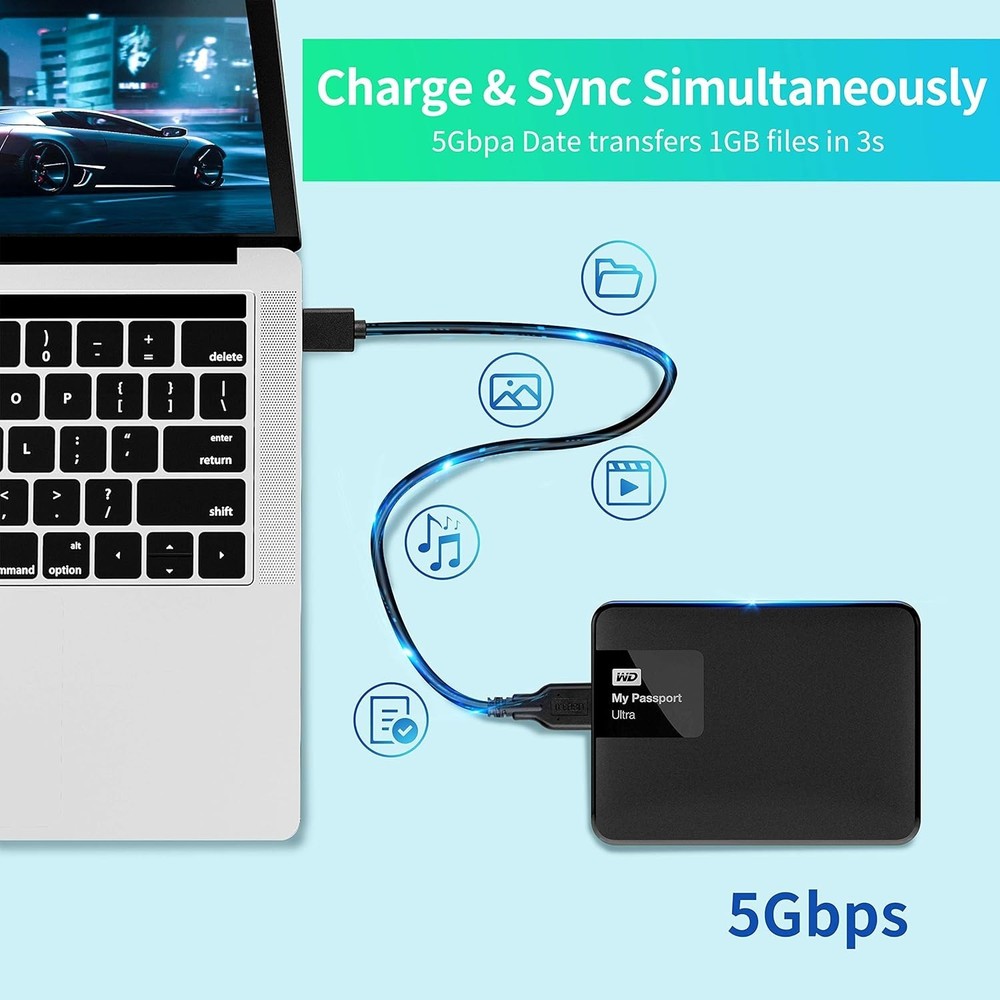 1ft USB 3.0 A Male to Micro B Cable - Fast Charging, 5 Gbps Data Transfer