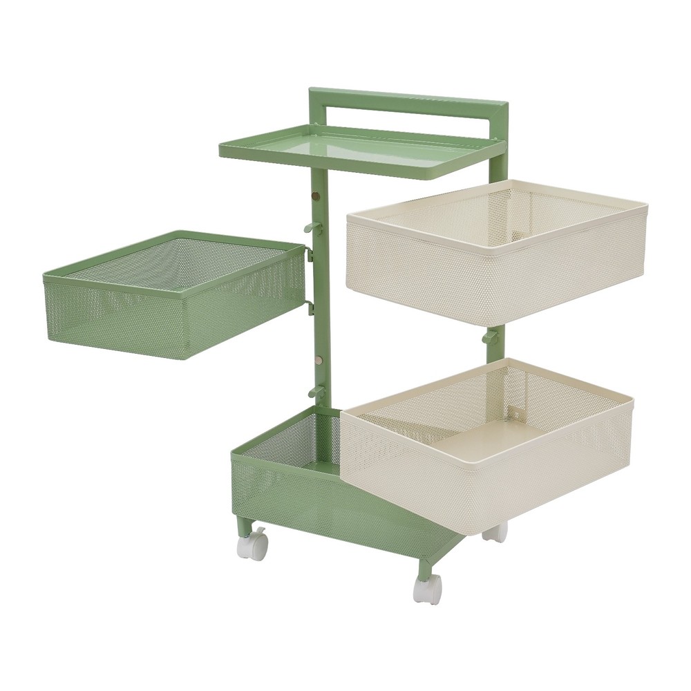 Rotating Storage Rack with Wheels, 4 Baskets, Green Modern Design