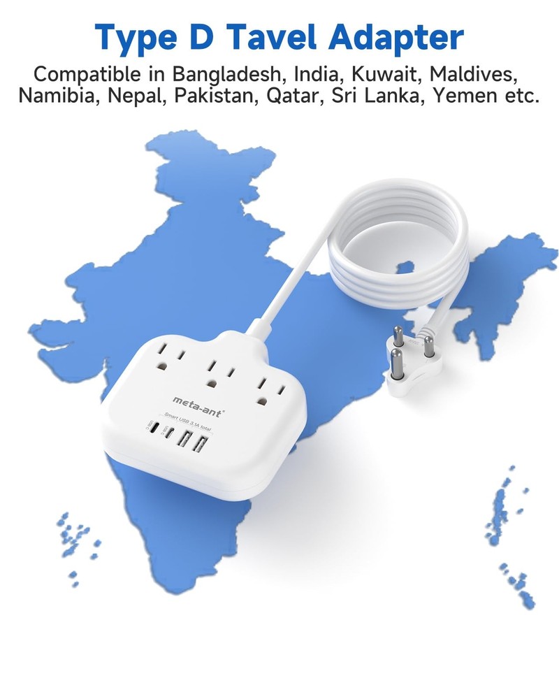 US to India Plug Adapter, meta-ant Power 5FT-India Plug, Type D Adapter