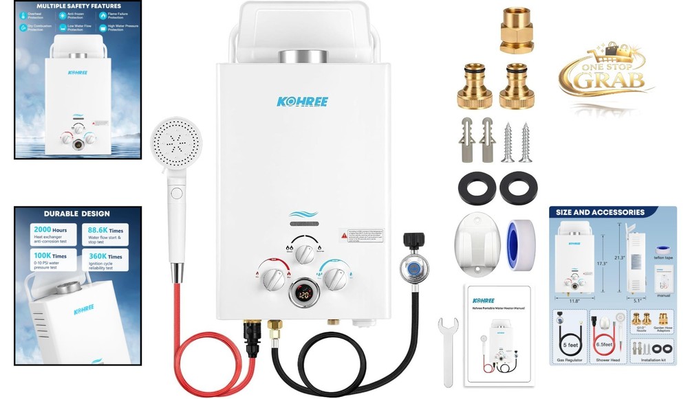 Tankless Propane Water Heater 6L Portable Outdoor Shower RV Black White