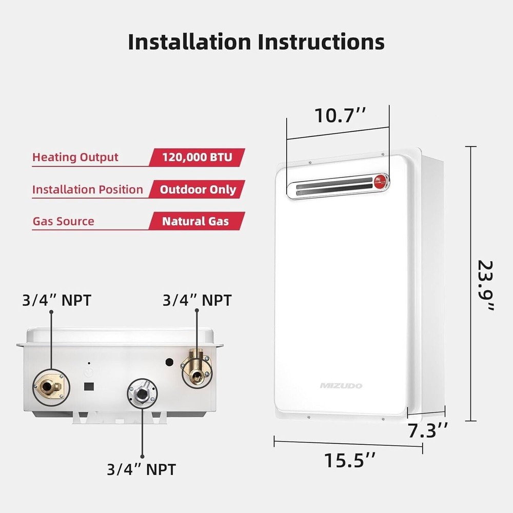 16L 5.1GPM 120000 BTU Natural Gas Tankless Water Heater Outdoor for Whole House