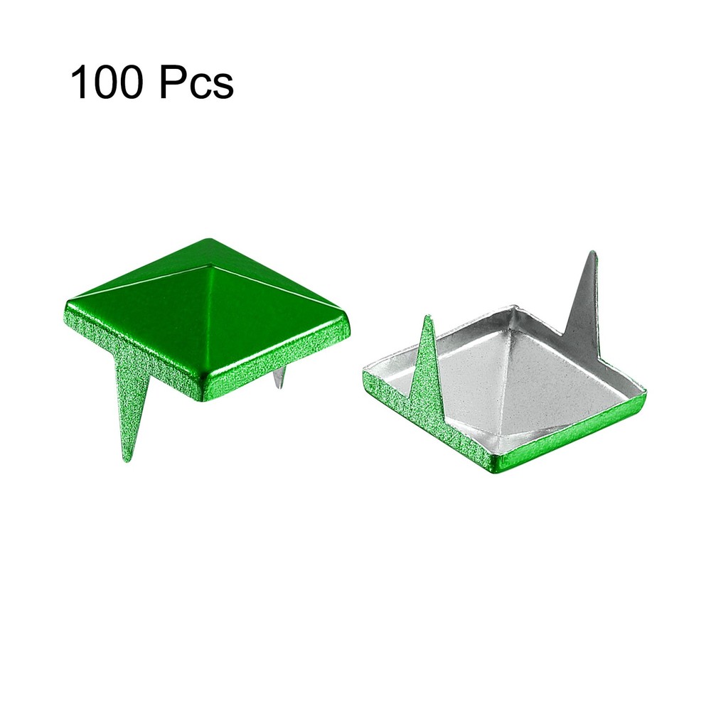 100Pcs Square Pyramid Rivets, 10mm Two-Jaw Studs Spikes (Green)