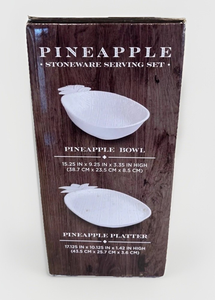 Stoneware 2pc Serving Set White Embossed Pineapple Bowl & Platter NEW Open Box