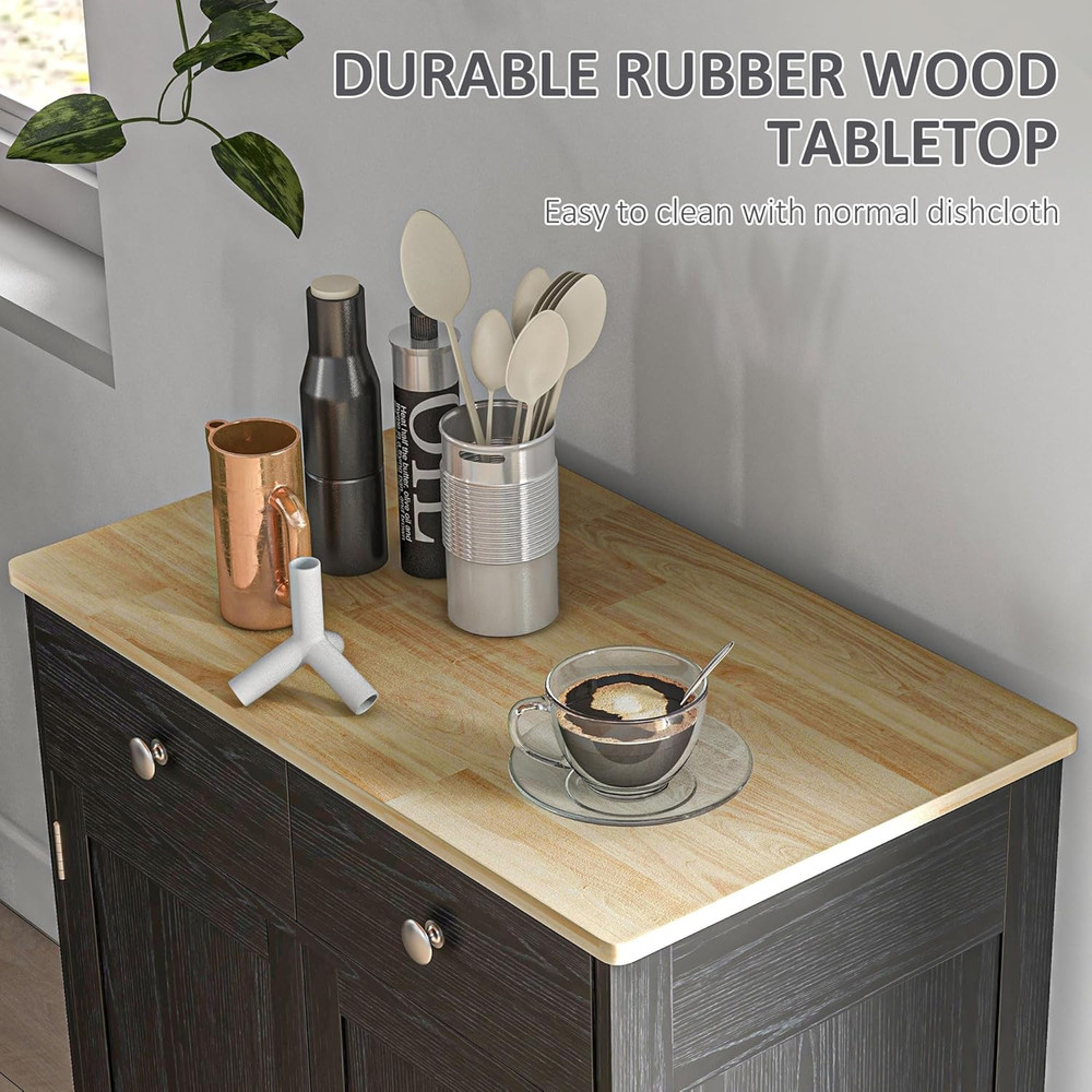Modern Distressed Black Sideboard Buffet Cabinet with Solid Wood Top & Storage