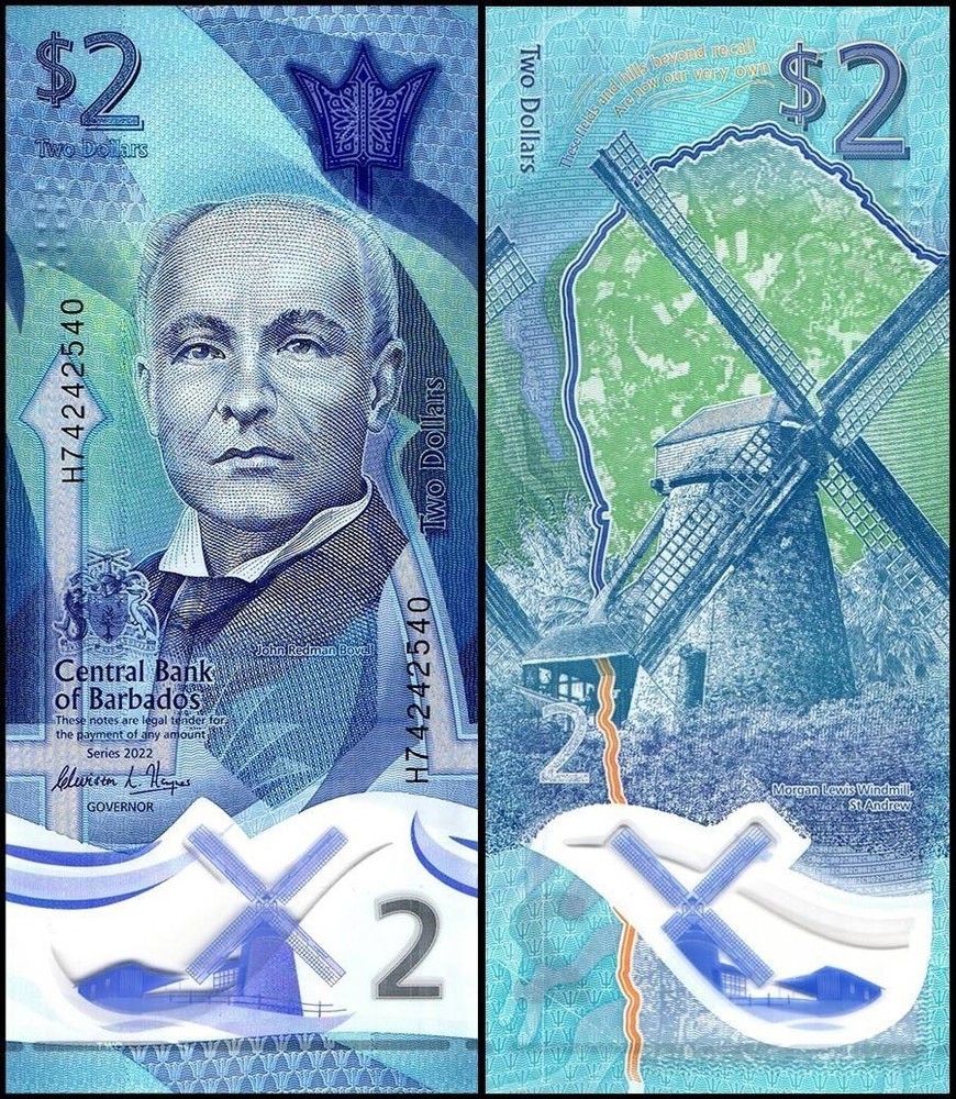 Barbados 2 Dollars, 2022, P-80, UNC, Polymer