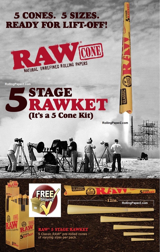 RAW "RAWket" FIVE CONE KIT Rolling Papers - NEW Assorted SIZES PRE ROLLED CONES