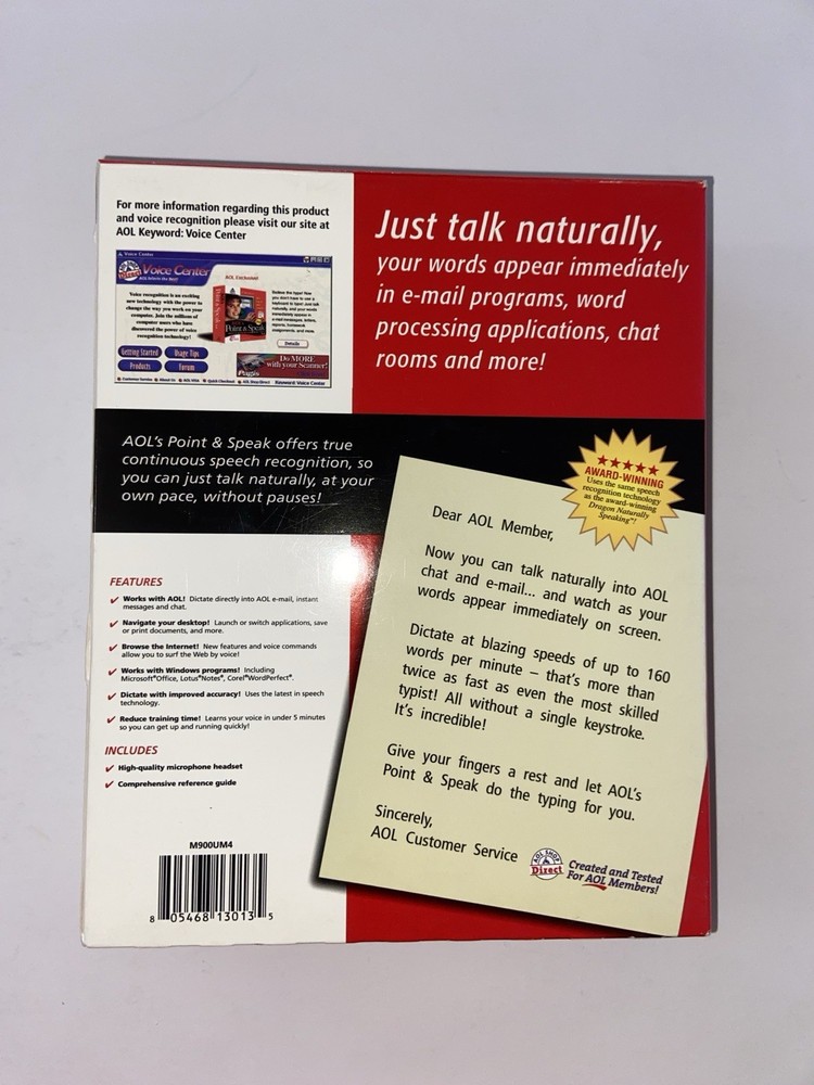 AOL's Point & Speak CIB Big Box Speech Recognition Software PC Windows