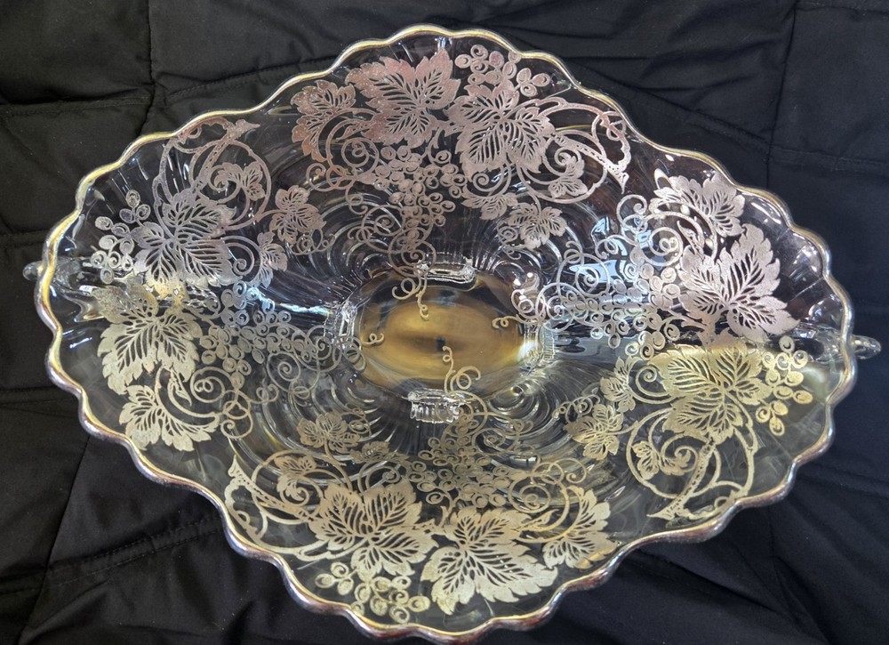 Vintage Silver Overlay Fruit Bowl with Grapevine Pattern, BEAUTIFUL! 1930's