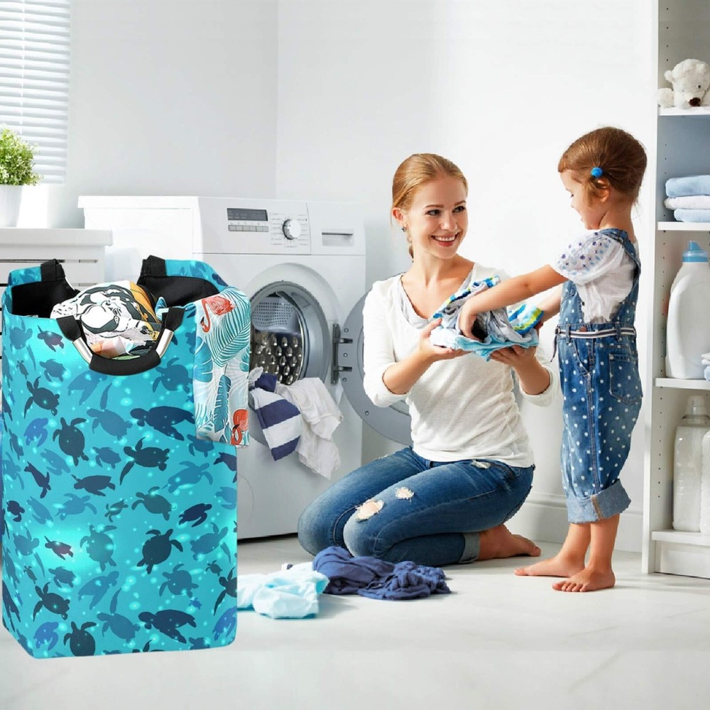 Turtle Swims in The Ocean Large Laundry Hamper with Handle Foldable Durable C...