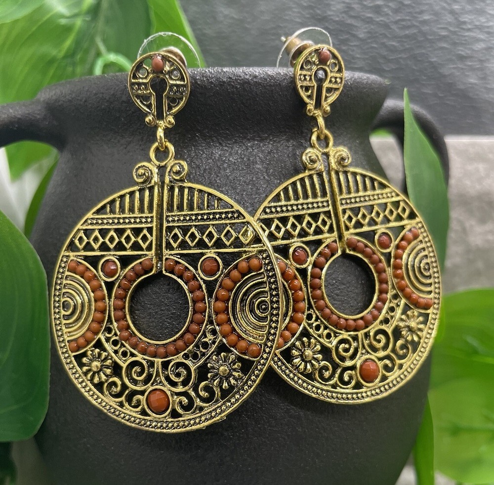 3” Gold-tone Earring Set Boho Bead Retro Drop Dangle New Free Ship B1217