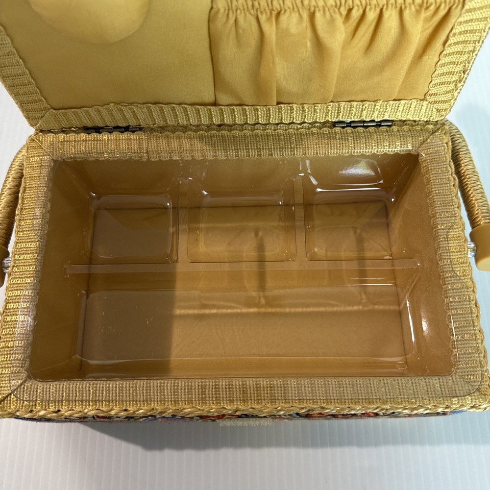 Sewing Basket Fabric Covered Rectangular Straps Handle Plastic Insert
