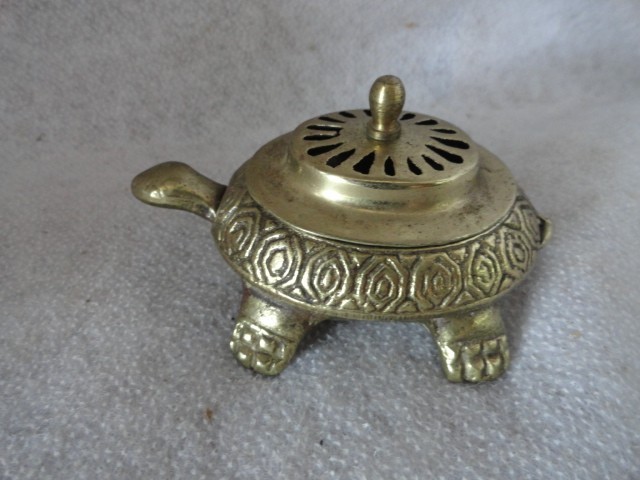 Solid Brass Turtle Incense Burner Trinket Box  Etched VTG