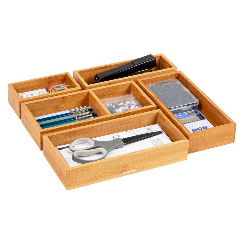 5-Piece Bamboo Drawer Organizer Set, Stackable Storage Trays for Kitchen, Bat...