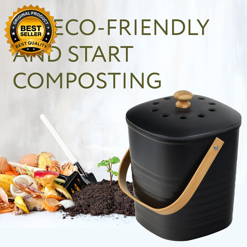 2 Pack Bamboo Compost Bin for Kitchen – 1 Gallon Countertop Container with Lid
