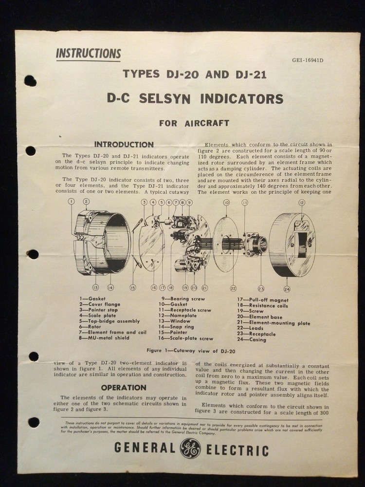 D-C Selsyn Indicator Type DJ-20 DJ-21 Aircraft Instructions GE General Electric