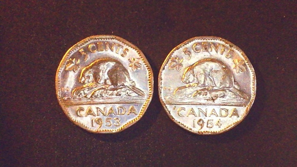 1953 + 1954 Canada 5 Cent Coins