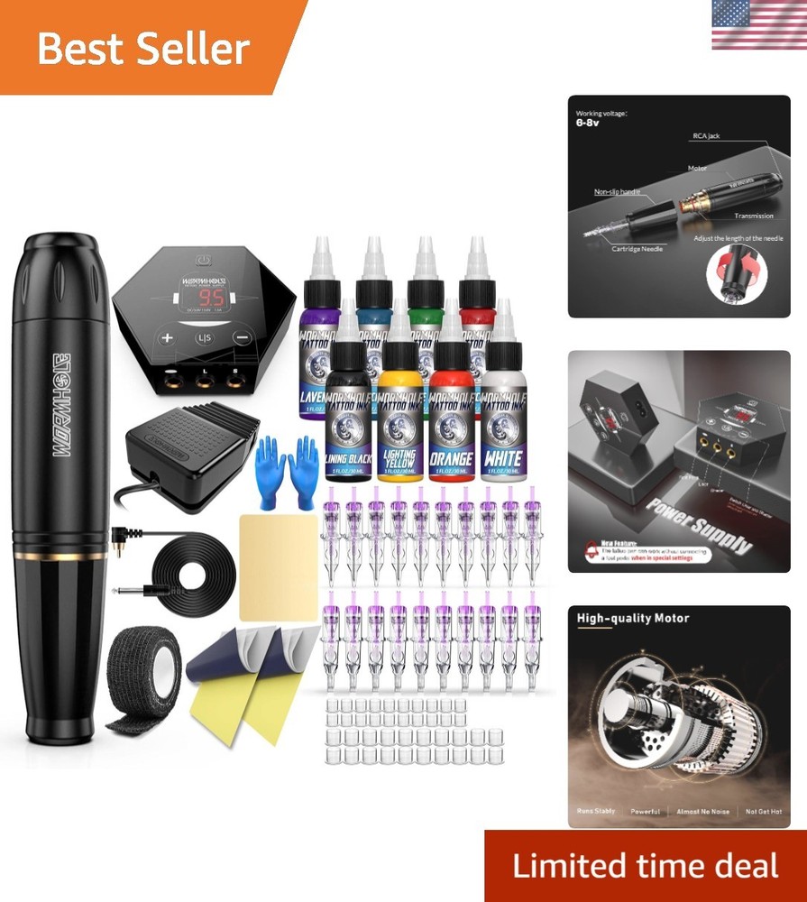 Compact Rotary Tattoo Pen Kit - 58 Piece Set with High-Quality Power Supply