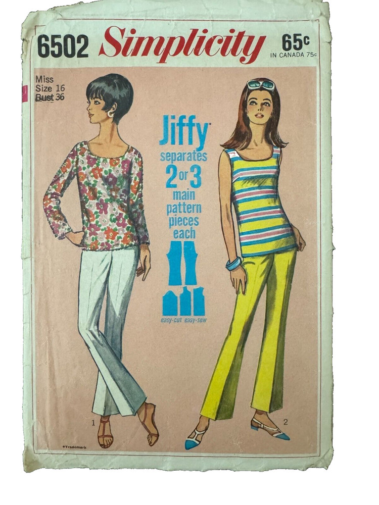 6502 Simplicity Misses Sewing Pattern Bell Bottom PANTS  and TOP Size 16 Bust 36