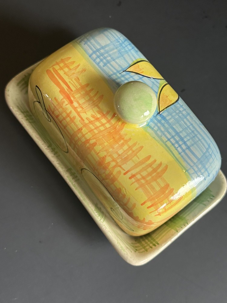 Hand Painted Pottery Covered Butter Dish Multicolor Flower Ceramic Spring Decor
