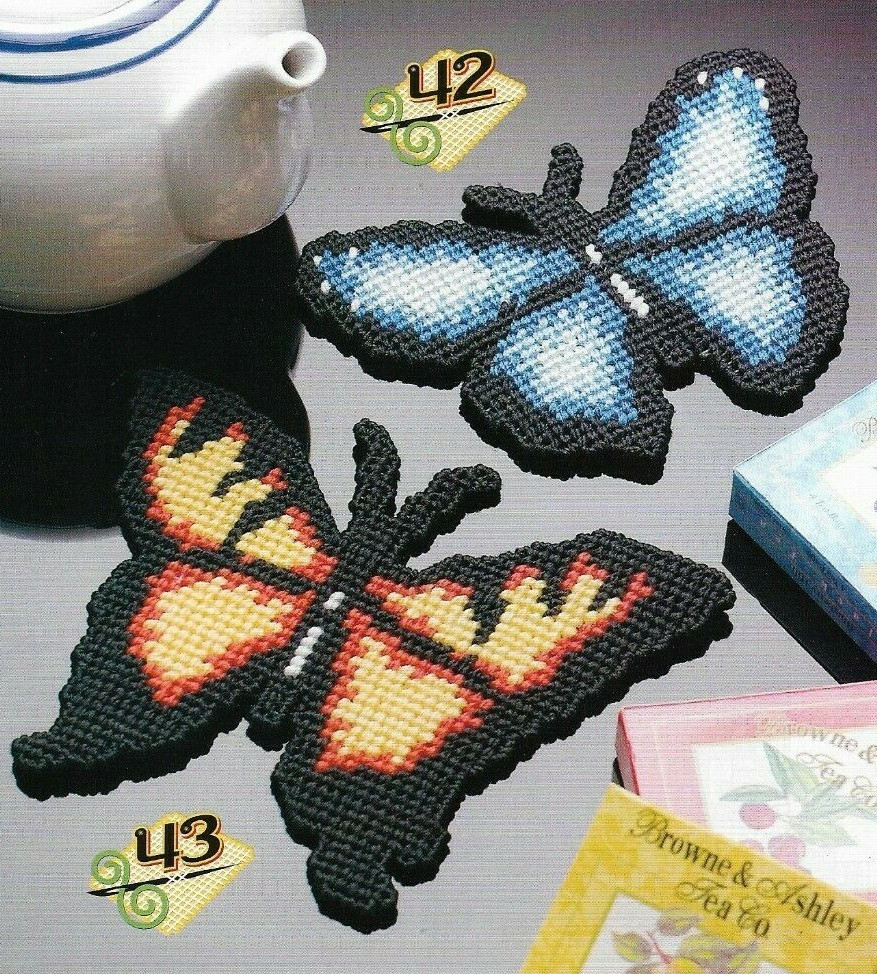 2 BUTTERFLY TRIVETS HOME DECOR PLASTIC CANVAS PATTERN INSTRUCTIONS