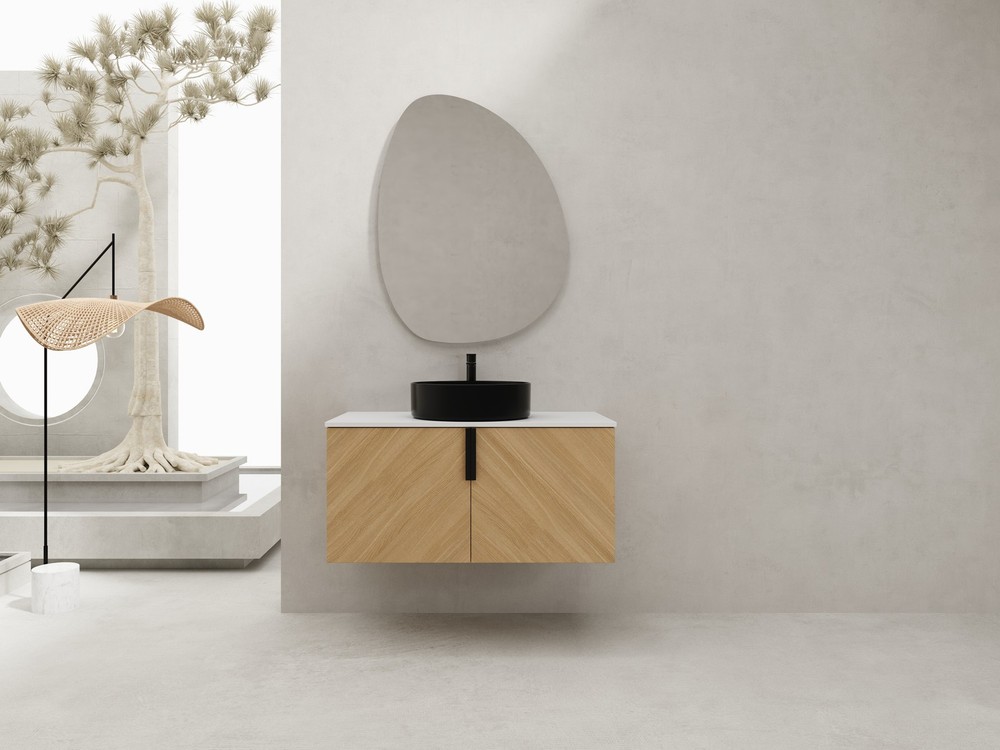36" Wood Wall-Mounted Bathroom Vanity +Black Ceramic Sink Artificial Stone Slab