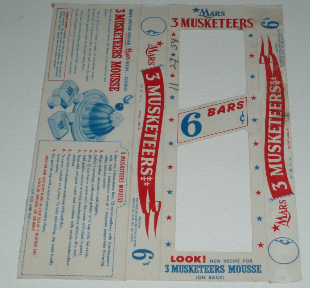 1950's Mars 3 Musketeers candy box - not complete