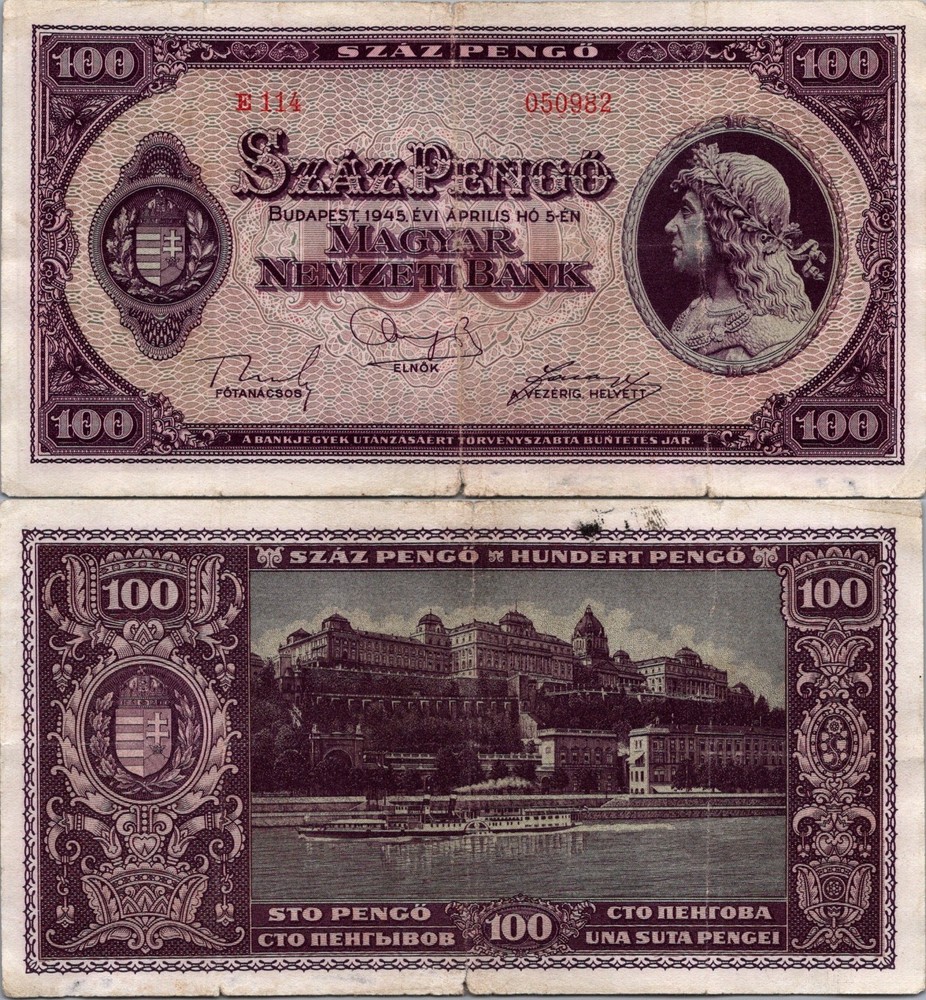 Hungary 100 Pengo 1945 Pick # 111 FINE