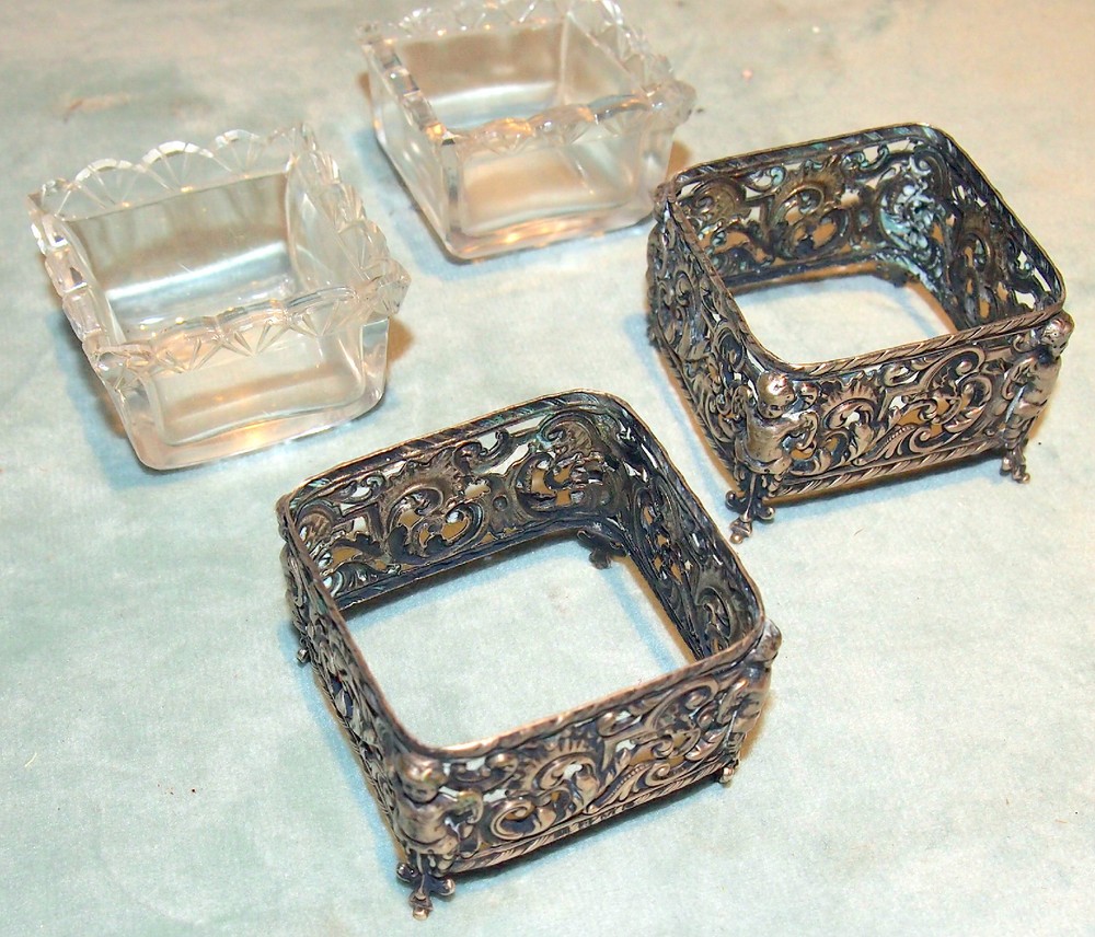 PAIR SILVER 800 SALT CUPIDS WITH CRYSTAL INSERTS ENGLISH BIRMINGHAM C 1914