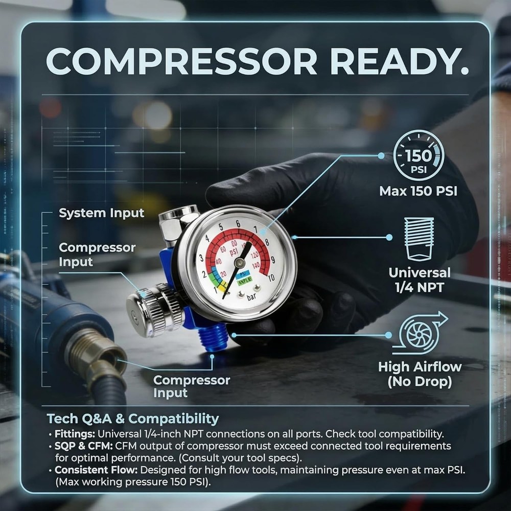 Precision Air Compressor Regulator & Flow Control Valve with Gauge - 1/4 NPT