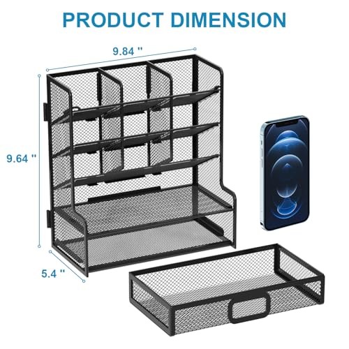 Larger Mesh Desk Organizer with Drawer, Multi-Functional Pen Pencil Black
