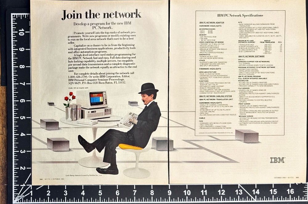 IBM Charlie Chaplin PC Network Vintage 2-Page Print Ad 1984