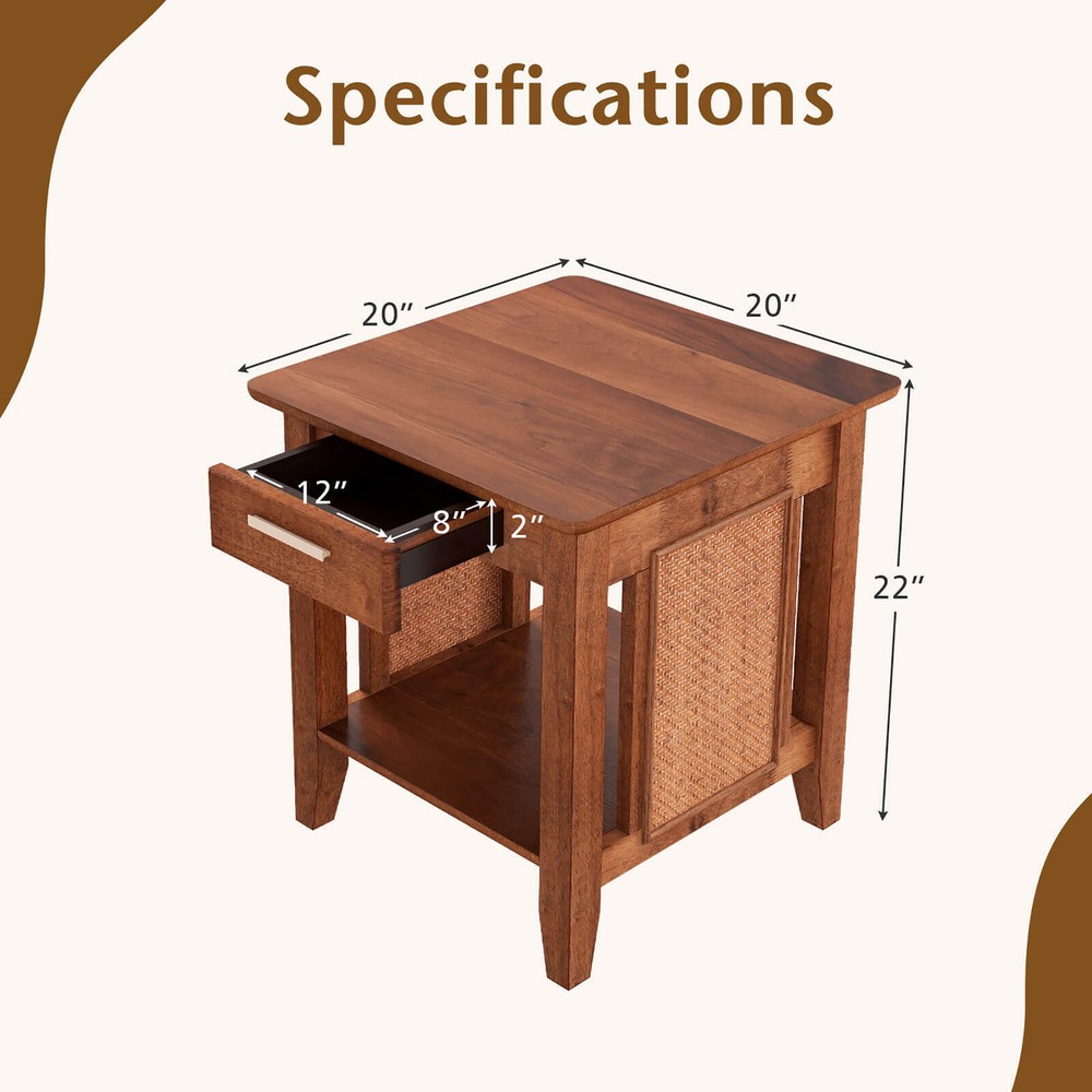 Boho Style Nightstand 3-Tier Sofa Side End Table w/ Drawer & Shelf Walnut