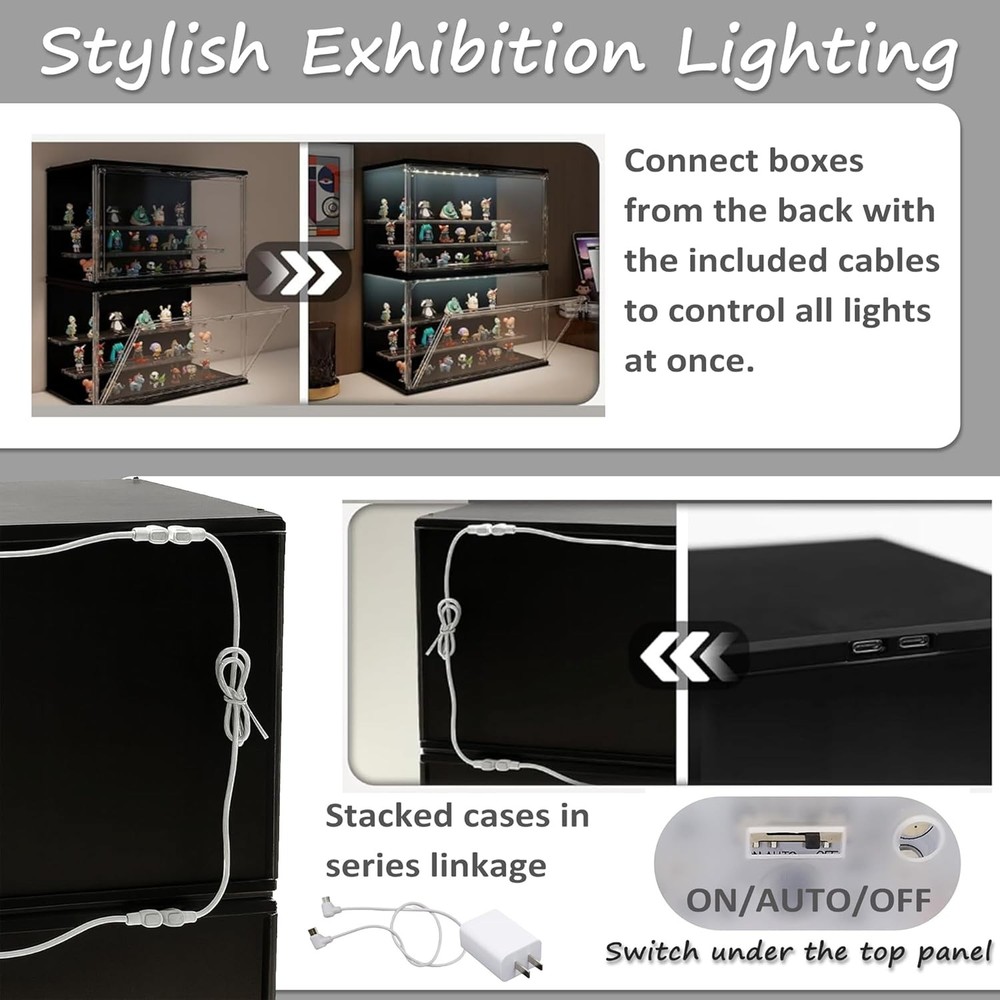 Clear Display Case for Collectibles - 3-Tier Stackable LED Acrylic Showcase