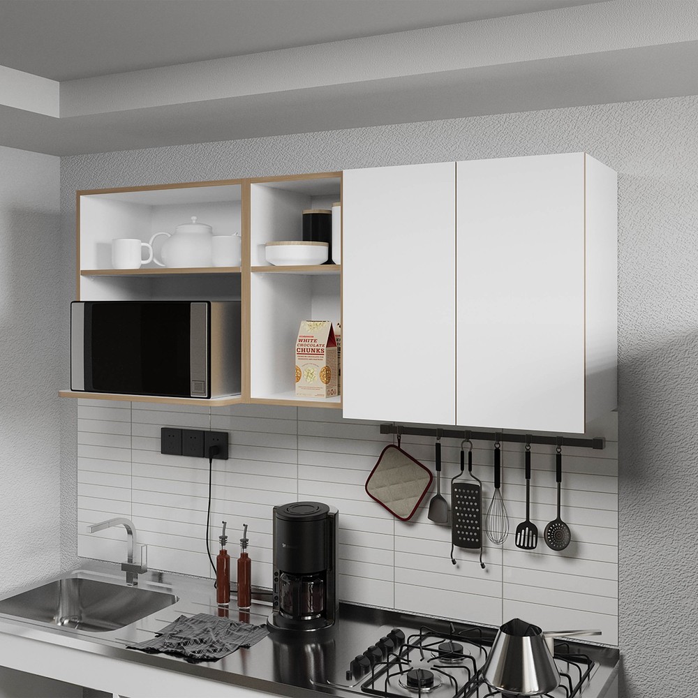 Wall-Mounted Kitchen Cabinet with Microwave Space, Open Shelves, and Double Do