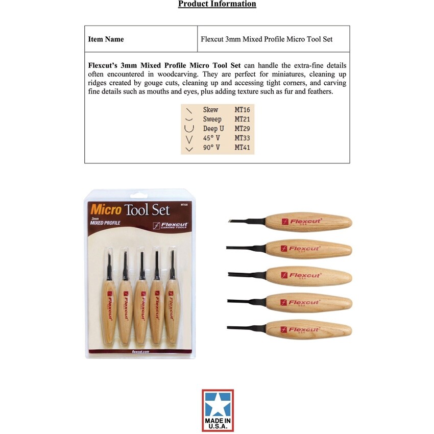 Flexcut Mixed Profile Micro Tool Set, 5.5" overall, Stainless blade # FLEXMT930