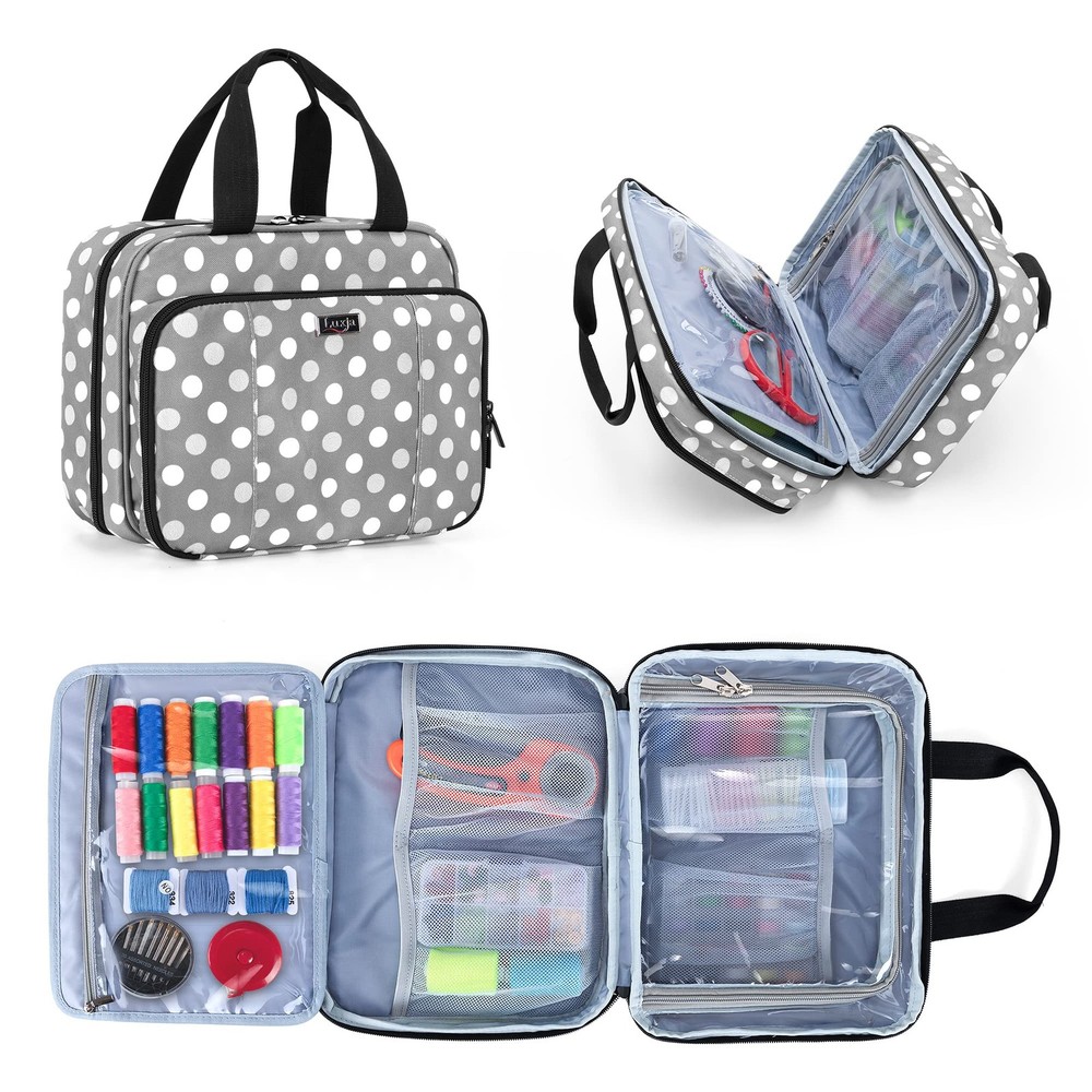 Large Sewing Organizer 3 Inner Sections Foldable Storage Pockets Polka Dots