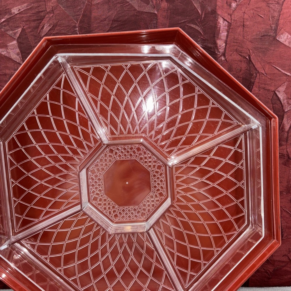 Vintage Octagon Plastic Snack And Nut Container With Divided Insert Black & Red