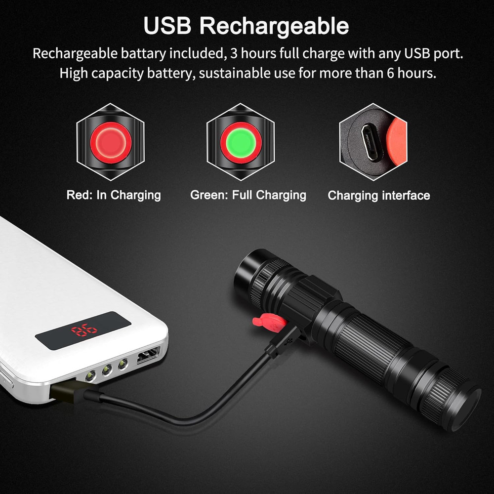 Rechargeable LED Flashlight 2000 Lumen USB Zoomable Waterproof Pocket